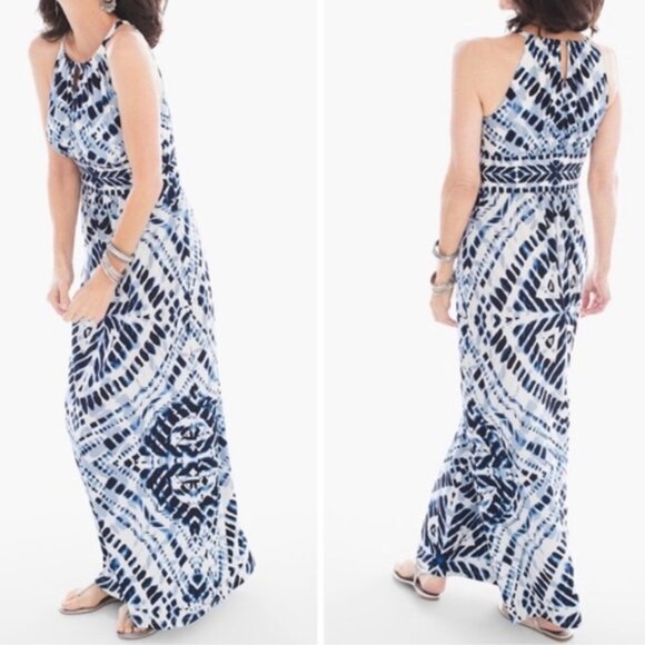 Chico's Dresses & Skirts - Chicos Blue Diamond Maxi Dress Size 0 US Small Blue White Print Liquid Knit